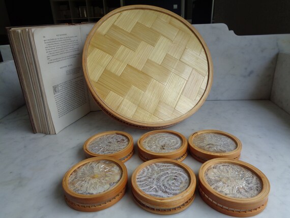 Plateau Et Dessous De Verres Vintage En Bambou, Motif Papillons