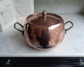 tinned copper casserole with brass handles, small vintage pot, stewpot, French kitchen utensil