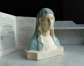 bust of Our Lady of Lourdes, signed Maillard, plaster statuette with blue veil, vintage religious decor, devotional object, France