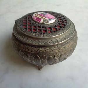 metal jewelry box, with gallant scene medallion, vintage French 1950, gift idea for her