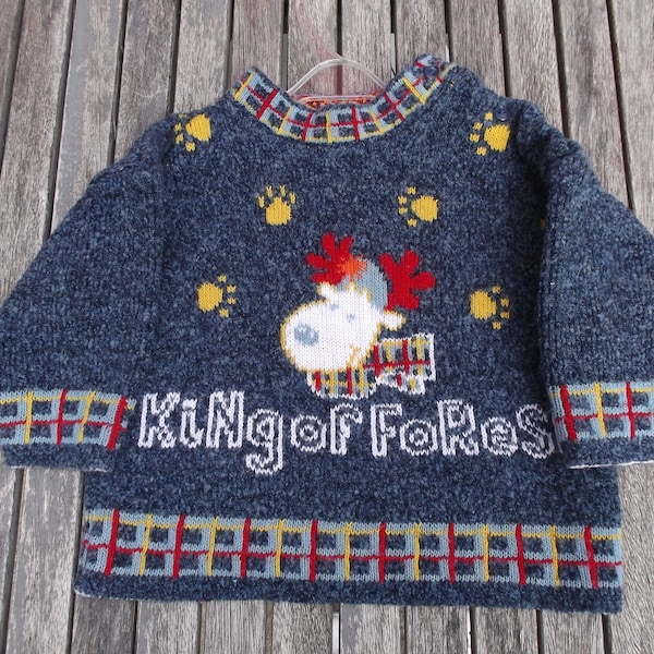 pull petit garçon bébé 18 mois, 81 cm, 1 an et demi, décor de Noël, renne - vintage hiver 1980 kidsminis, kingof forest, fabriqué en France