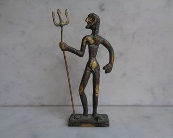 statuette of Poseidon with trident, in patinated bronze and verdigris, vintage sculpture