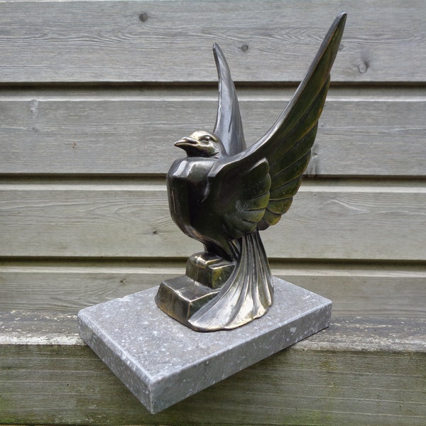 art deco statuette, marble bookend with bird in bronze patinated metal, vintage French
