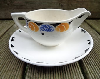 Digoin Sarreguemines saucer, Menton model, 1930 art deco France, orange, blue and black motifs - old crockery, retro French earthenware