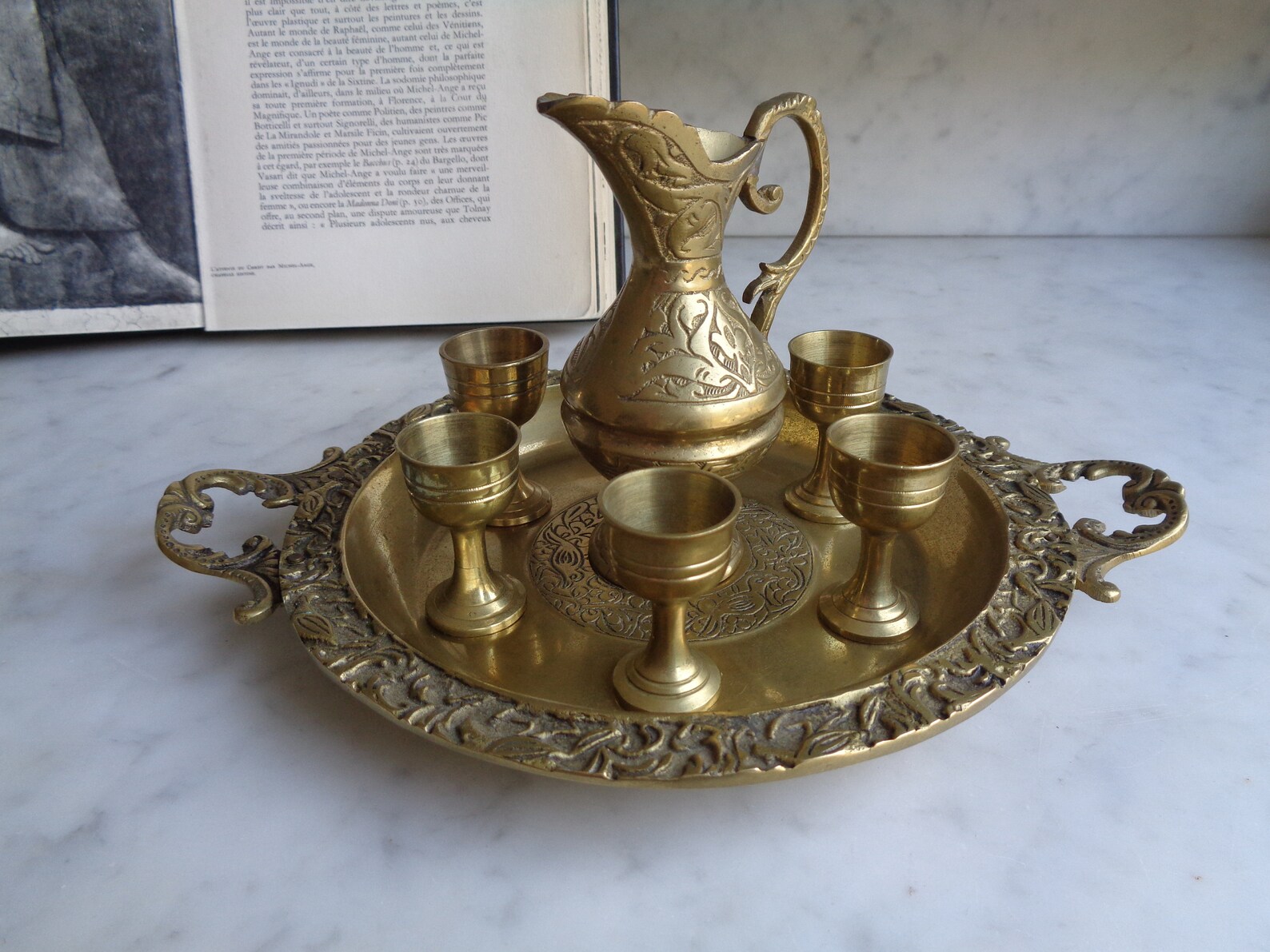 Small tea service in solid brass tray pitcher and 6 cups Etsy