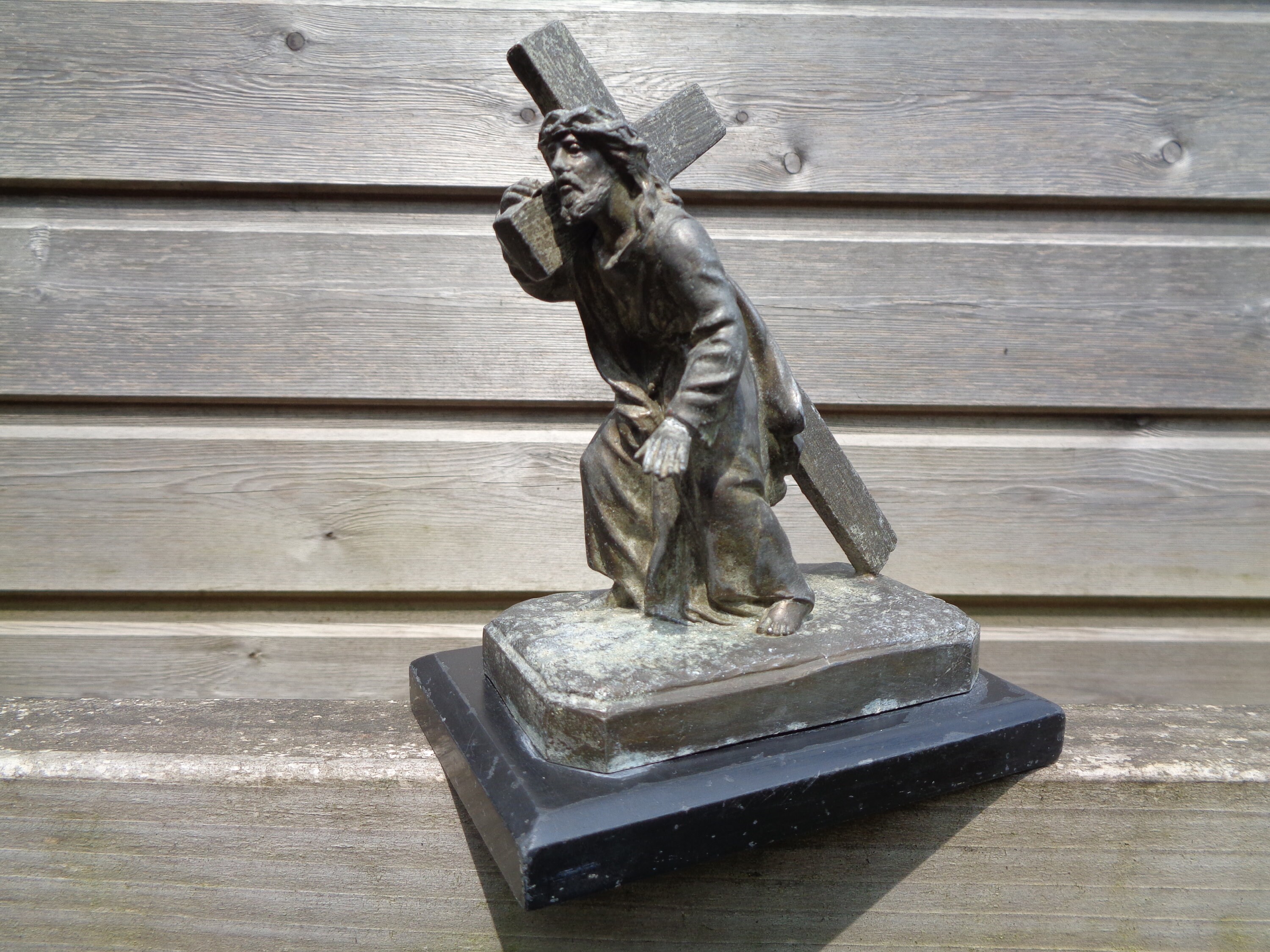 Statuette of Jesus Carrying His Cross, Christ in Dark Metal