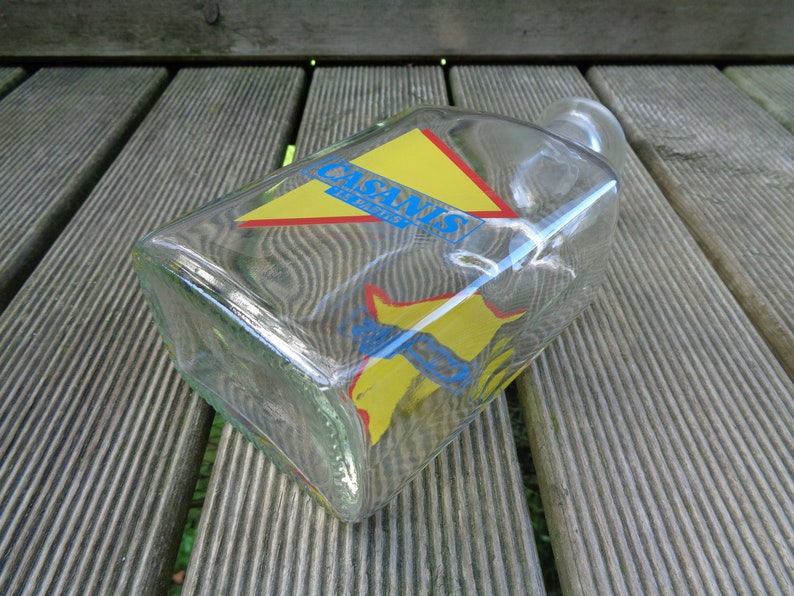 vintage glass pitcher blue and red logo Casanis Le Pastis advertising carafe water carafe to water French pastis yellow