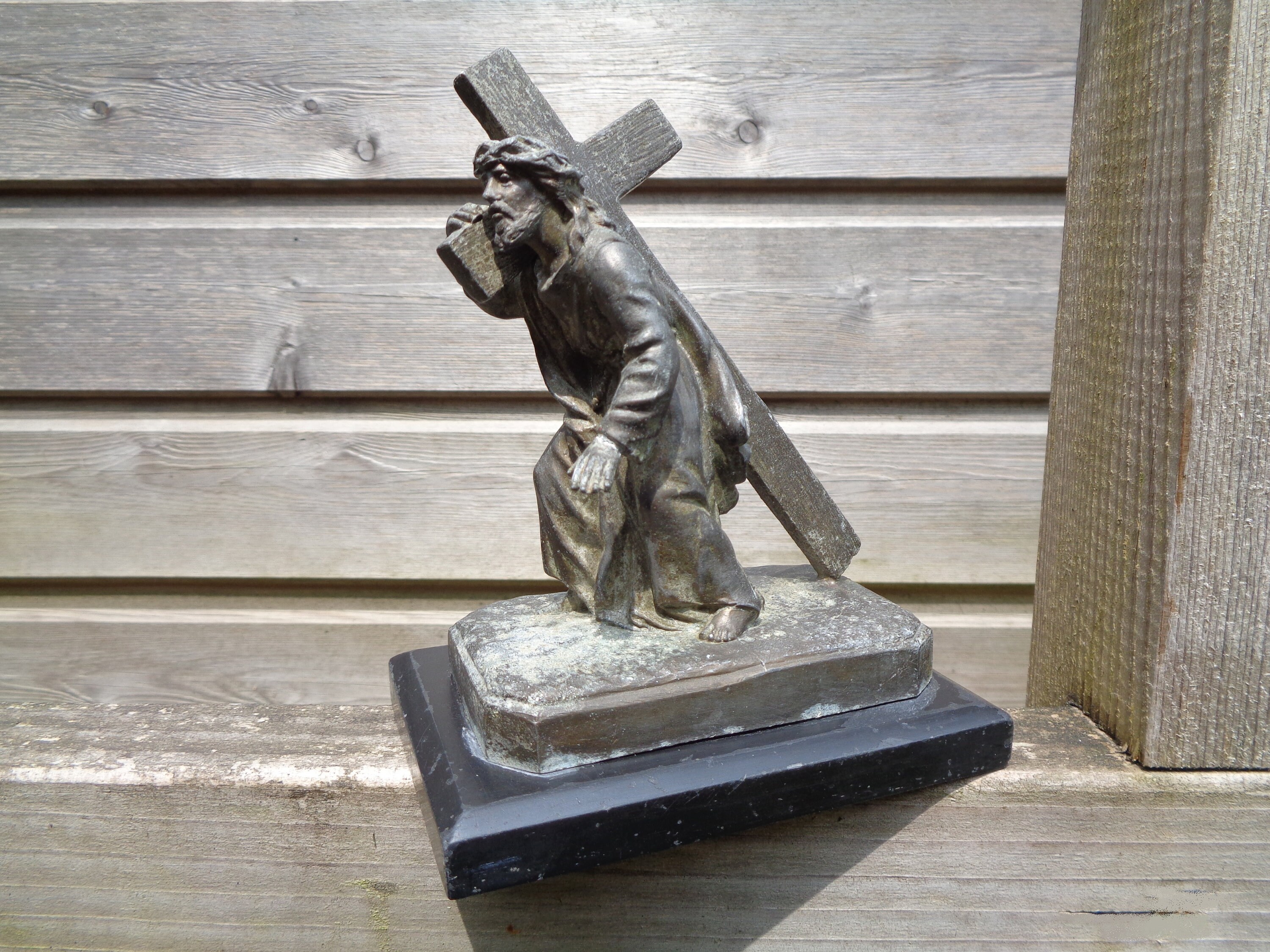 Statuette of Jesus Carrying His Cross, Christ in Dark Metal