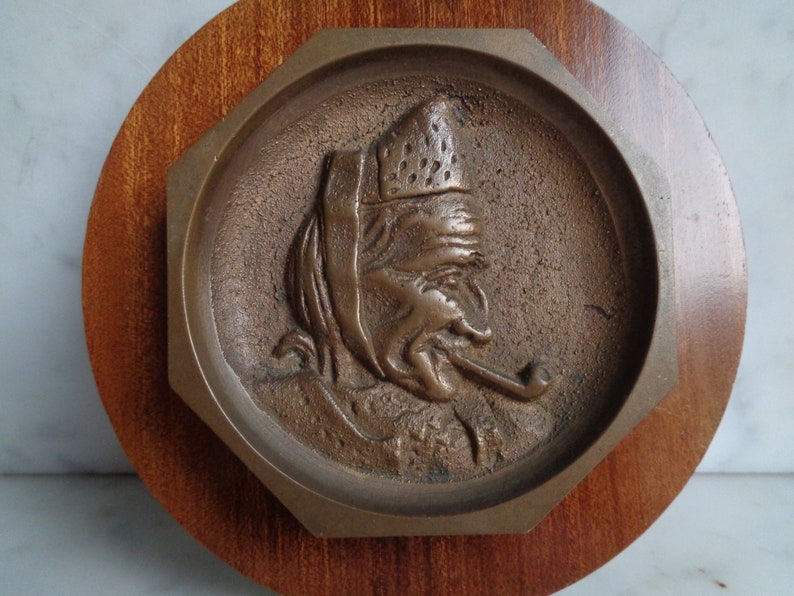 Old Woman Smoking a Pipe, Bronze Wall Decoration on Wood, Art and