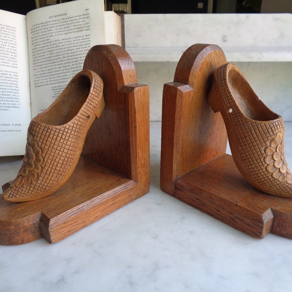 carved wooden bookends with small children's clogs, Breton craftsmanship, French vintage