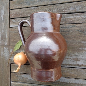 Jug pitcher Rustic chic, glazed pottery, retro earthenware pot, water jug or vintage wine French Country decor Farmhouse, mid-century