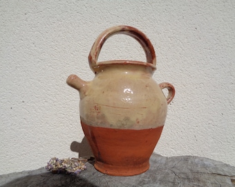 jug gargoulette, gargoyle, terracotta pottery, rustic pot with handles and tap, mid-century country décor France