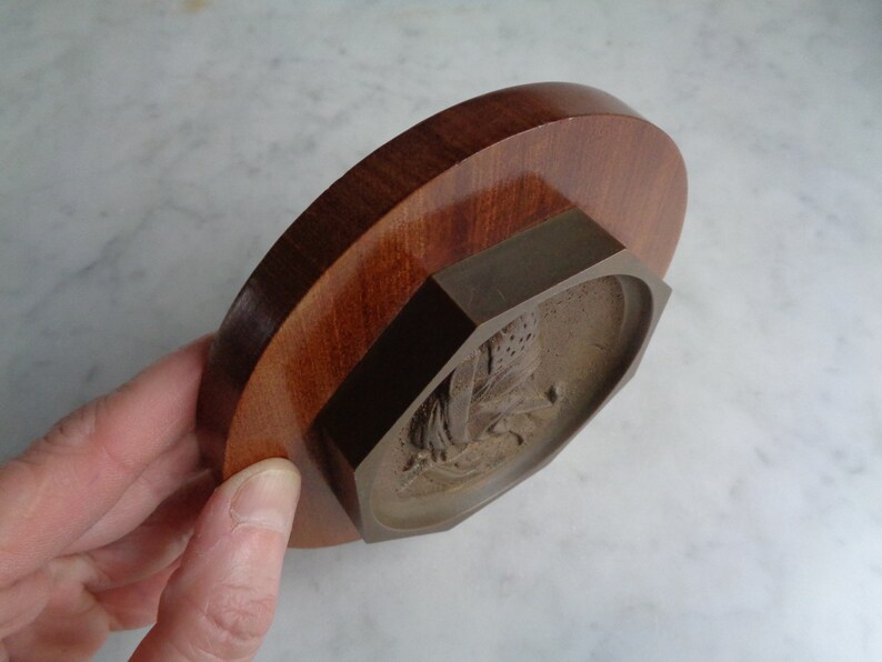 Old Woman Smoking a Pipe, Bronze Wall Decoration on Wood, Art and