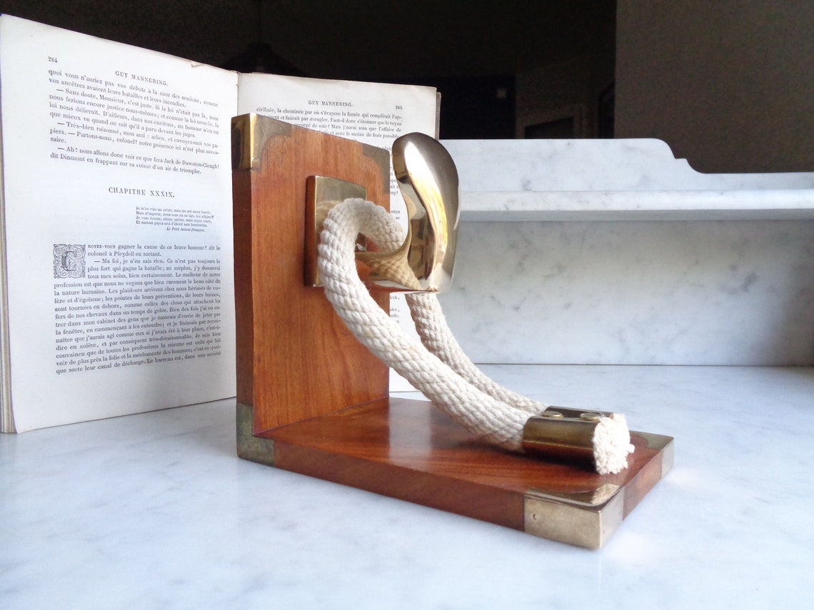 Large Bookend Nautical Style Wood Brass and Rope Library - Etsy