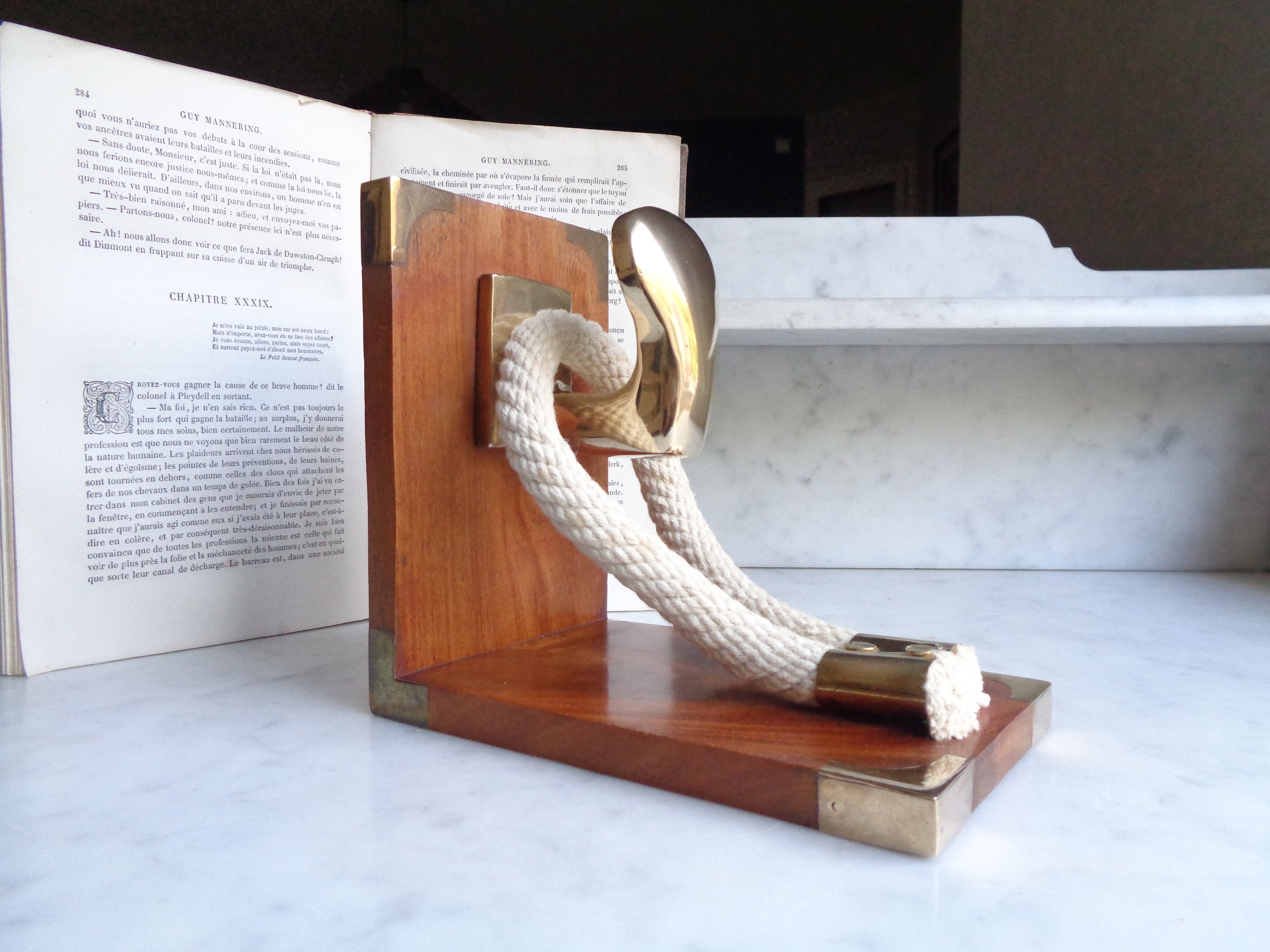 Large Bookend Nautical Style Wood Brass and Rope Library - Etsy