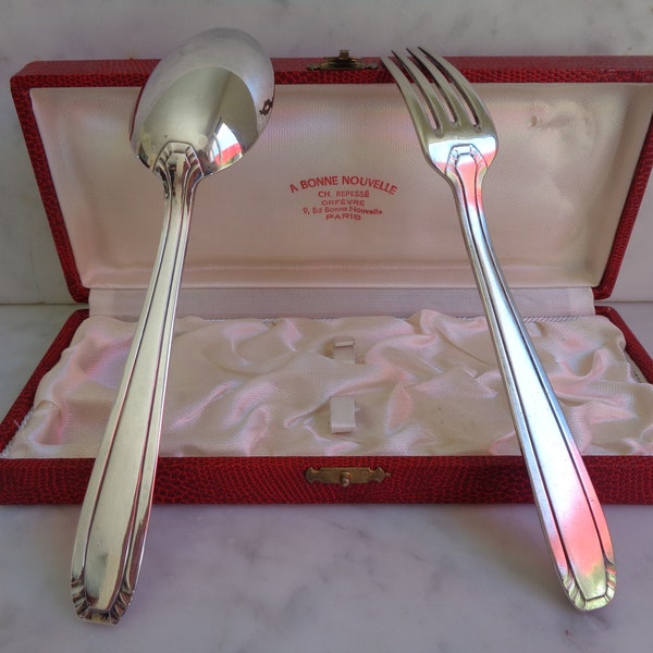 French silverware fork and spoon, silver plated art deco cutlery, baptismal box, silversmith Paris, with hallmarks