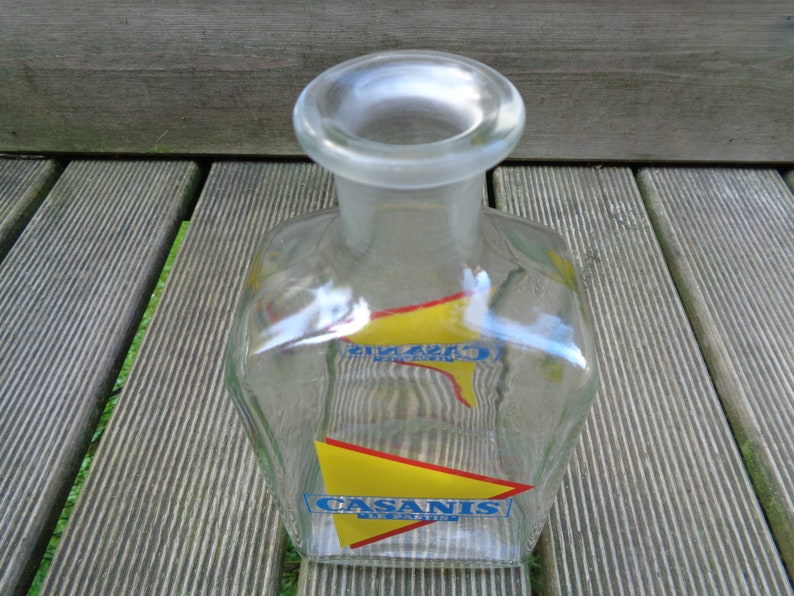 vintage glass pitcher blue and red logo Casanis Le Pastis advertising carafe water carafe to water French pastis yellow