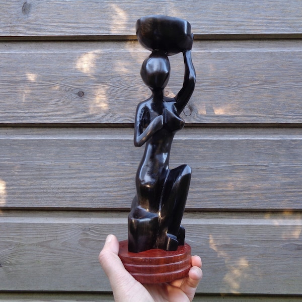 statuette africaine, sculpture de femme en bois noir, vintage, souvenir du Congo