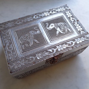 Indian metal box, elephants and flowers decor, jewelry box, boho style