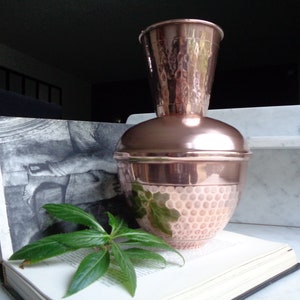 Könnte beinhalten: Eine kupferfarbene dekorative Vase mit strukturierter Oberfläche, bauchigem Boden und zylindrischem Aufsatz. Die Vase steht auf einem offenen Buch mit einer Schwarz-Weiß-Illustration, begleitet von einem grünen Blattzweig.