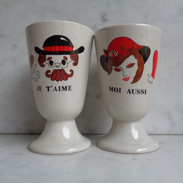 mazagrans Je t'aime Moi aussi, duo romantique, 2 mugs, vintage français 1970 1980