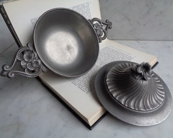shabby chic pewter dish, jar with nasturtium flower lid, candy box, vintage french decor, country chic style