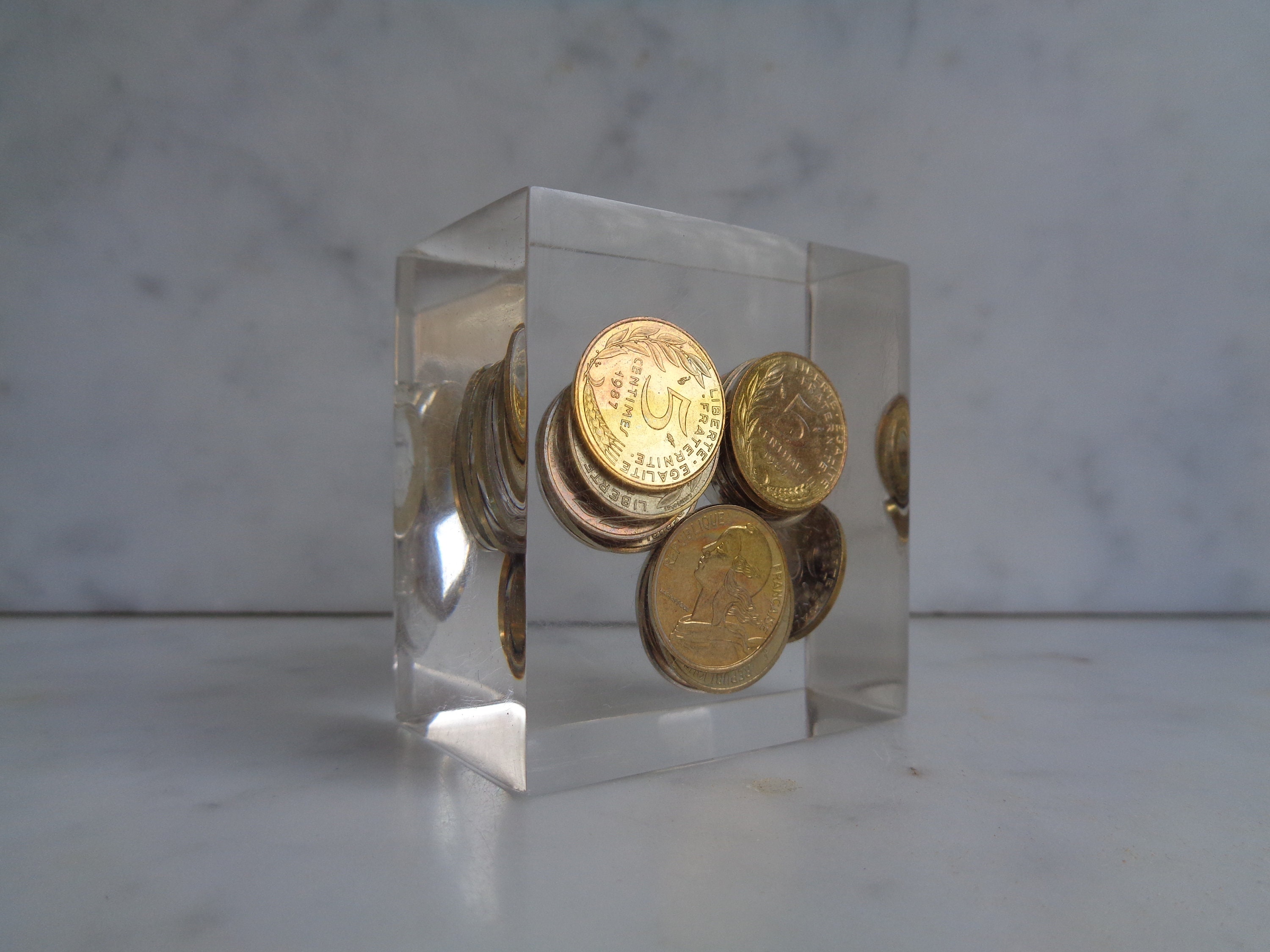 Inclusion in Resin With Five Cent Coins Small Paperweight
