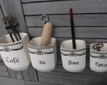 french cannisters : old kitchen pots of art deco, utensils, decorations peacocks jars - french christmas gift