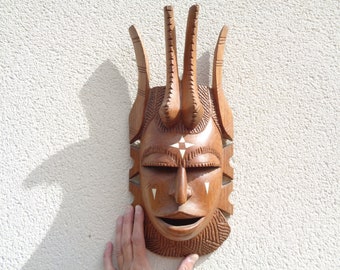 African zoomorphic antelope mask, carved wood, wall decoration, ethnic, tribal, African sculpture