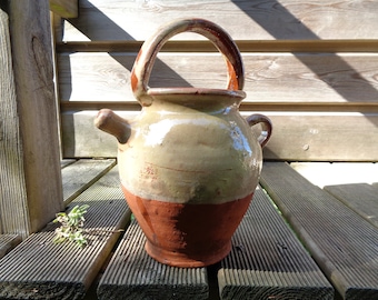jug gargoulette, gargoyle, terracotta pottery, rustic pot with handles and tap, mid-century country décor France
