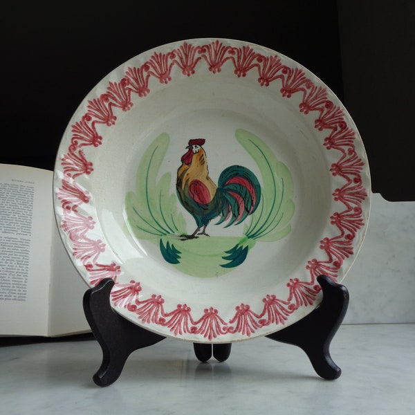 antique plat creux français avec décor au coq, faïence d'Orchies, vintage France, collection