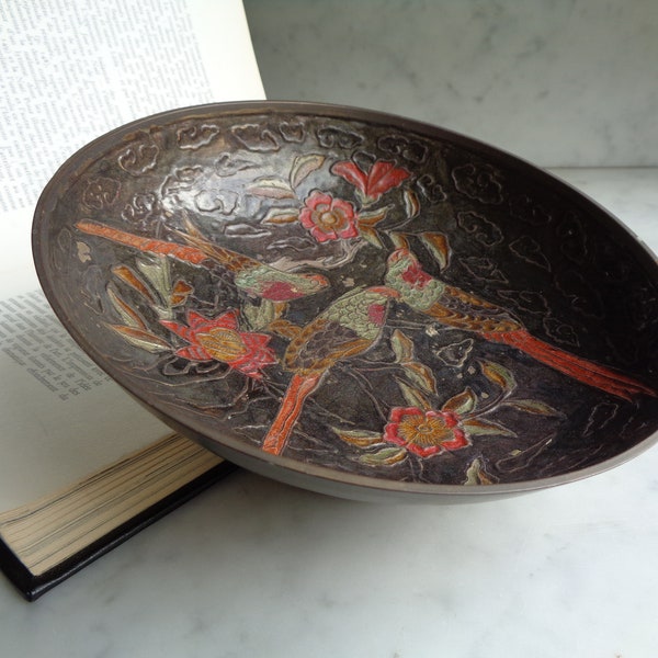 coupe en laiton cloisonnée, décor émaillé de fleurs et d'oiseaux, vide-poche vintage, coupe pour bijoux