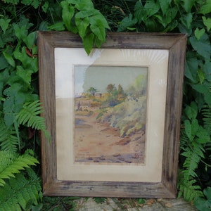 vintage watercolor, French decor, seaside landscape, trees and houses above a beach