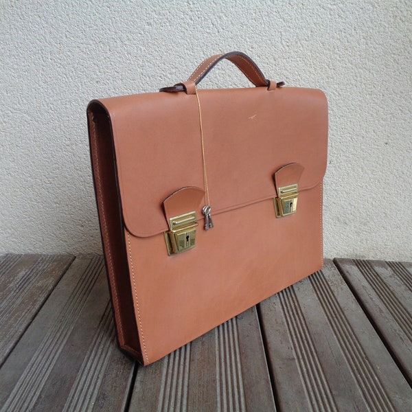 cartable en cuir marron, porte-document avec clés, vintage français