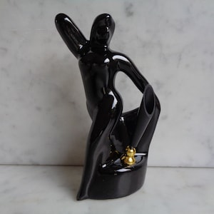 pencil holder in the shape of a naked woman in black ceramic, vintage 1980 desk accessory