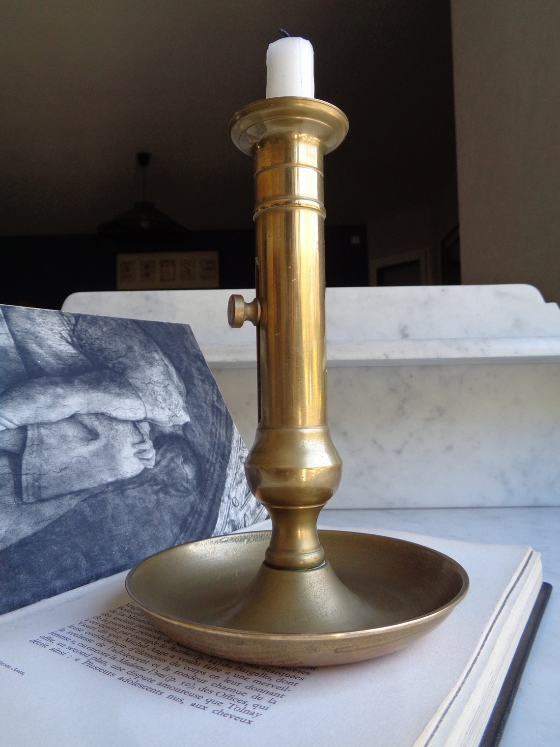 Antique brass candle holder with pusher adjustable candle Etsy