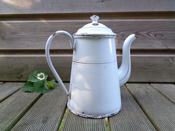 Enamel Cowboy Coffee Pot Vintage 10.5 Kettle White w/Black Trim/Handle, No  Lid