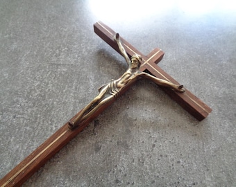 Christ in bronze signed Mermet, fine wooden cross, wall crucifix, religious article, devotional object