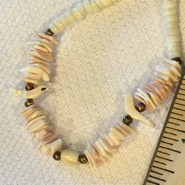 Vintage Seashell Sea Shell Puka Hawaiian Style 15" White Pink Chunky Choker Carved Bird Bead Cut Work Mother of Pearl Beach Wedding Bride