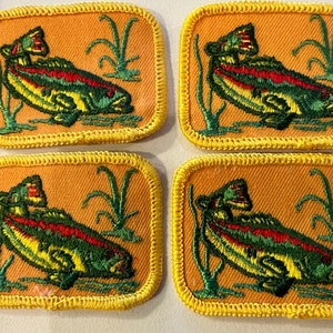 4 Vintage Sew Sewing On Fabric Patch Embroidered Yellow Orange Green Fish Aquatic Life Nature Water Plants 2.25 &quot; x 1.75&quot;
