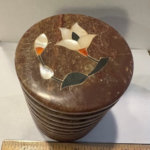 Vintage Soapstone Soap Stone Mother Of Pearl Floral Trinket Box Handmade Made in India 3&quot; x 4&quot; Box MOP Flower Inlay Turned Treasure Flower
