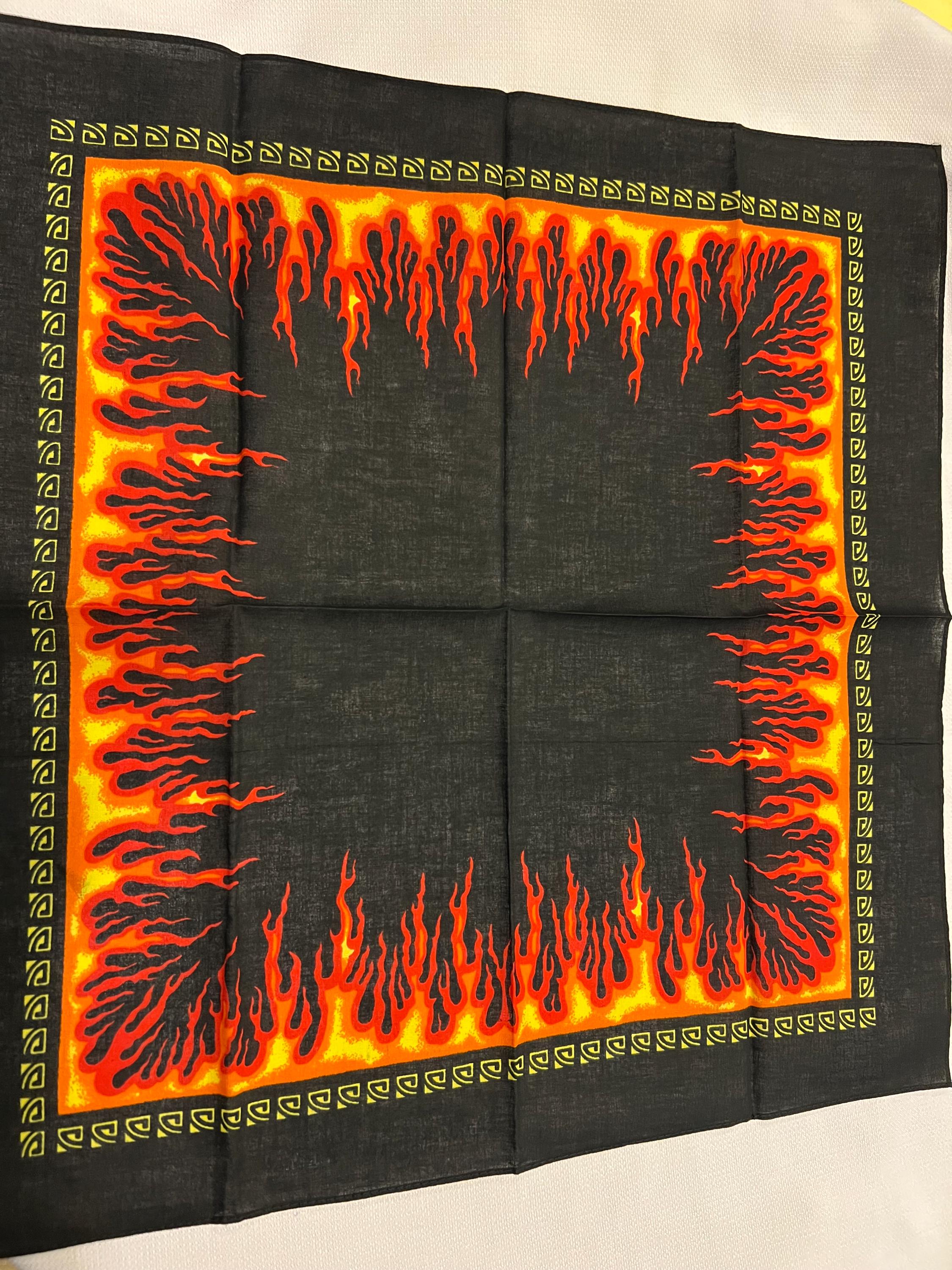 Vintage Bandana New Old Stock Flames Flame Flaming Edge Red Yellow Orange Black 21.5 x 21.5"