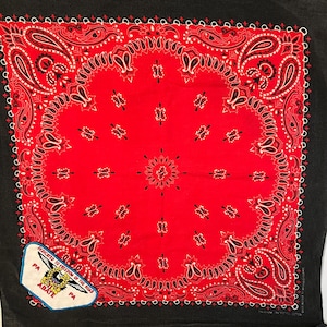 Vintage Bandana Scarf 20x 20&quot; Boho Biker Fashion Made in USA Imported Fabric All Cotton Hav-A-Hank RED Black With Abate PA Patch Hand Stitch