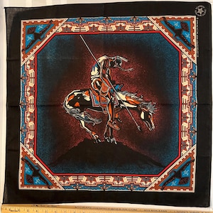 Vintage Bandana Scarf Southwestern Theme Cotton Blend End of the Trail Native Americana Made in USA 1980&#39;s Indian on Horse