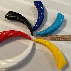 Vintage Banana Hair Claw Clip Lot of 6 Plastic New Old Stock Eighties Party Style Poofy Hairstyle Aqua Yellow White Black Red Bright Hairdo