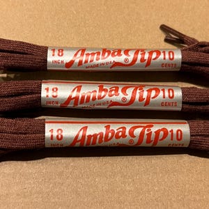 3 Pair Vintage Shoelaces Shoe Laces Never Worn Brown 18&quot; Inch New Old Stock Made in U.S.A. Amba Tip Finest Mercerized Yarns Ten Cents Lot