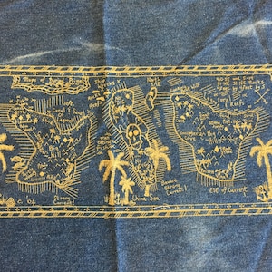 Denim azul Jean Tropical Island Treasure Mapa Hankie Serigrafía serigrafiada Algodón Lona Palm Tree Pirata Enterrado Palm Tree Ship Wreck Fish Washable