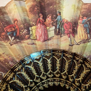 Vintage Giner Made Spain 16&quot; Hand Held Fan Fabric Plastic Courting Couples Edwardian Georgian Style Art Fabric Folding Foldup Fan With Box