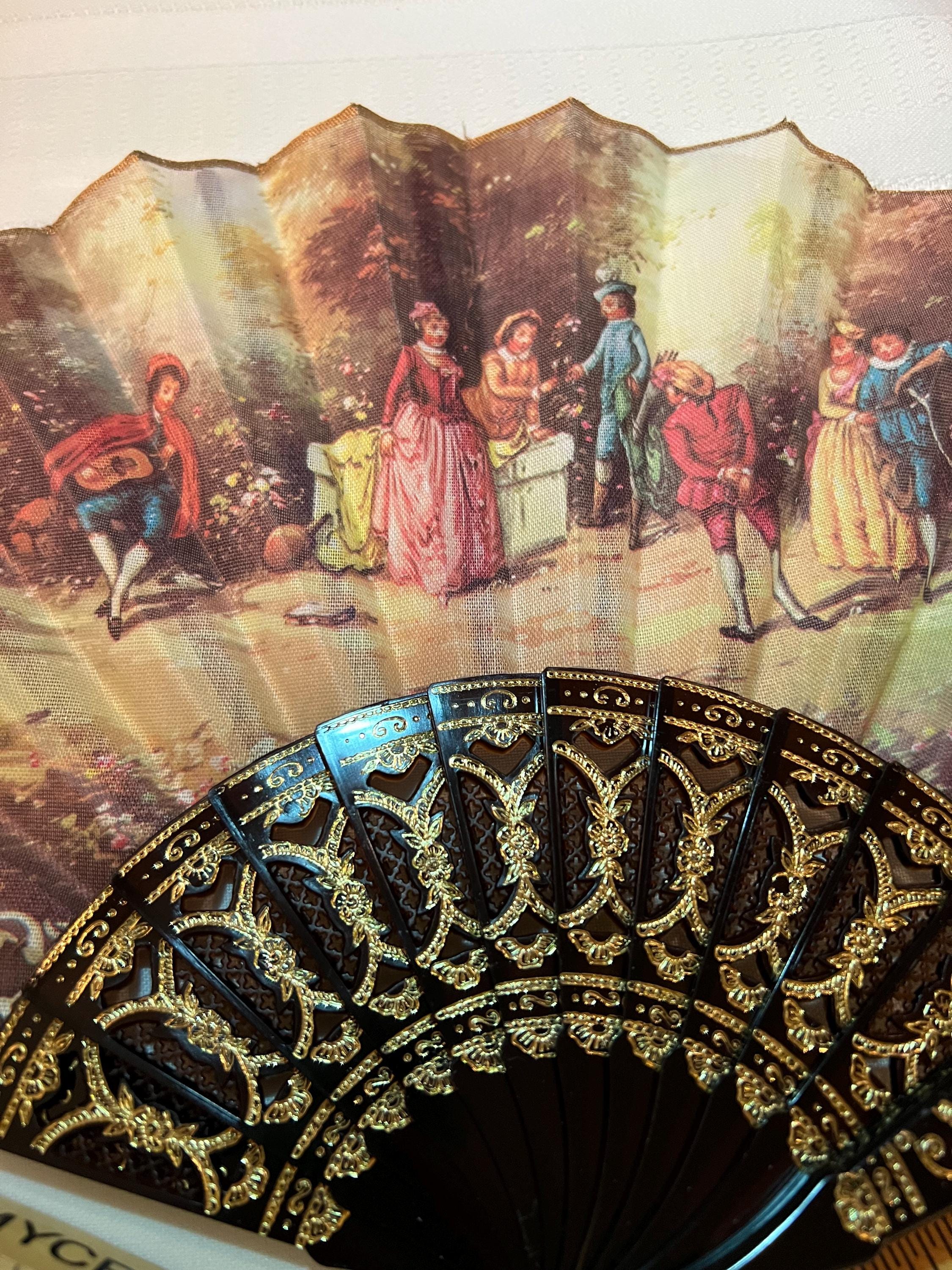 Vintage Giner Made Spain 16" Hand Held Fan Fabric Plastic Courting Couples Edwardian Georgian Style Art Fabric Folding Foldup Fan With Box