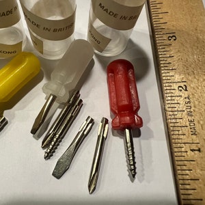 Vintage & New Made in British Colony Multi Piece Tool Set Interchangeable Mini Screwdriver 3 in 1 Pocket Purse Size Yellow Red Green Handle